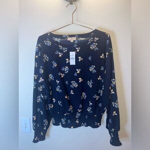 LOFT Outlet Navy Floral Smocked Waist Long Sleeve Blouse NWT Medium